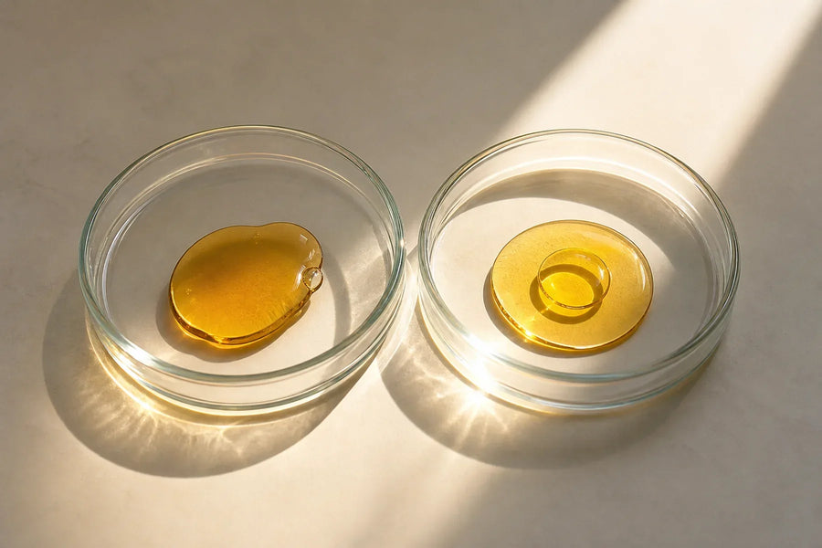 Two golden vitamin D forms in clear laboratory dishes illuminated by sunlight