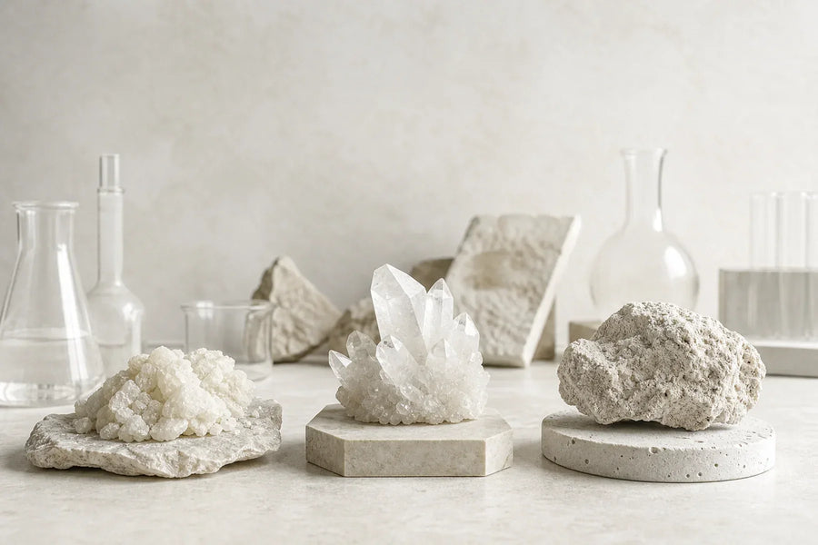Three magnesium mineral forms arranged as a precise laboratory comparison