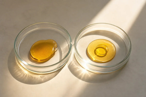 Two golden vitamin D forms in clear laboratory dishes illuminated by sunlight