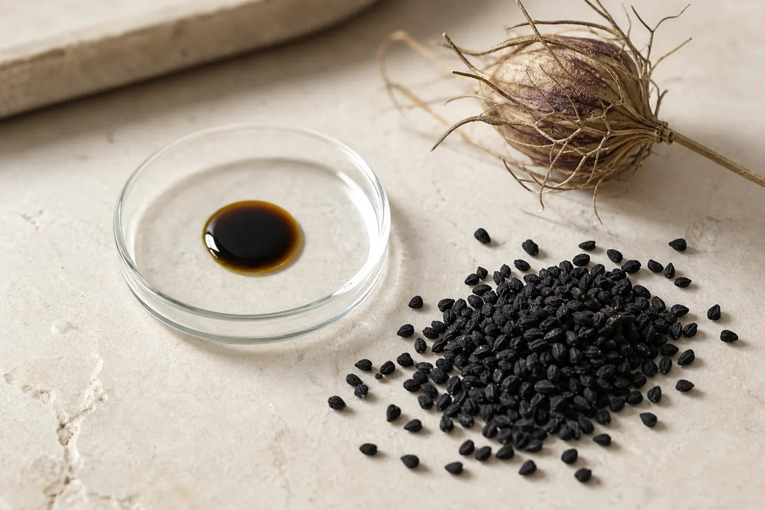 Nigella sativa seeds and black seed oil prepared for laboratory analysis