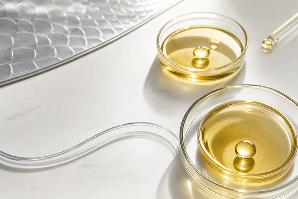 Golden omega-3 oil samples and a silver fish-scale texture in a clean laboratory study