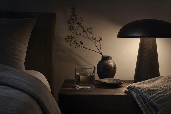 Softly lit bedside scene suggesting nighttime rest and sleep research context