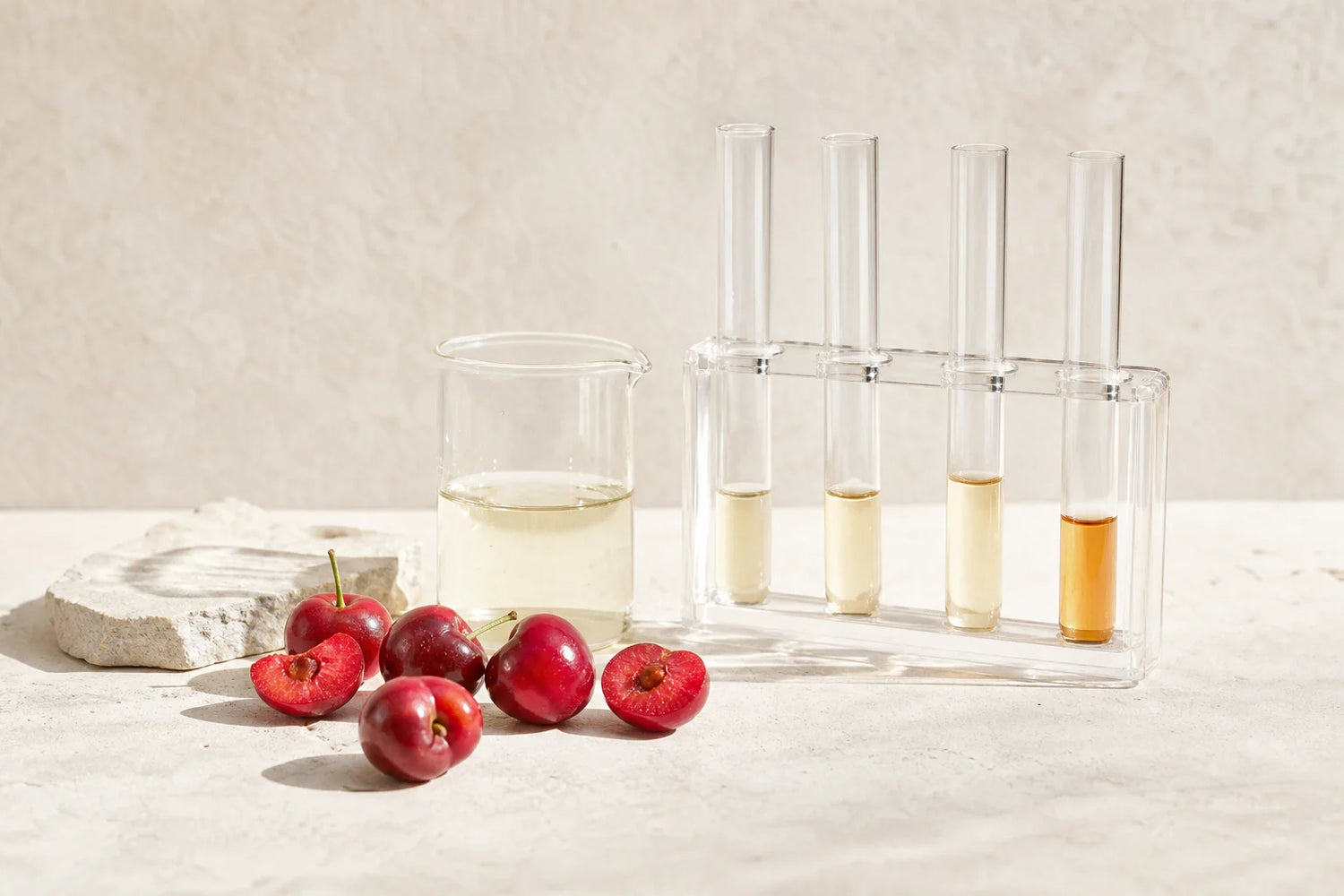Whole and halved acerola fruits alongside laboratory glassware suggesting antioxidant assay research