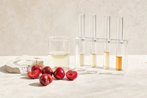 Whole and halved acerola fruits alongside laboratory glassware suggesting antioxidant assay research