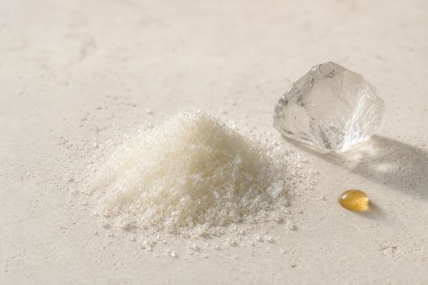 Macro view of alpha-lipoic acid crystalline powder representing the raw compound studied in research