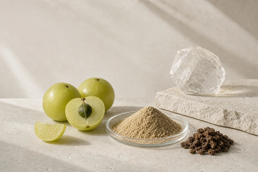 Fresh amla fruit, sliced sections, and dried extract powder shown together as raw research material