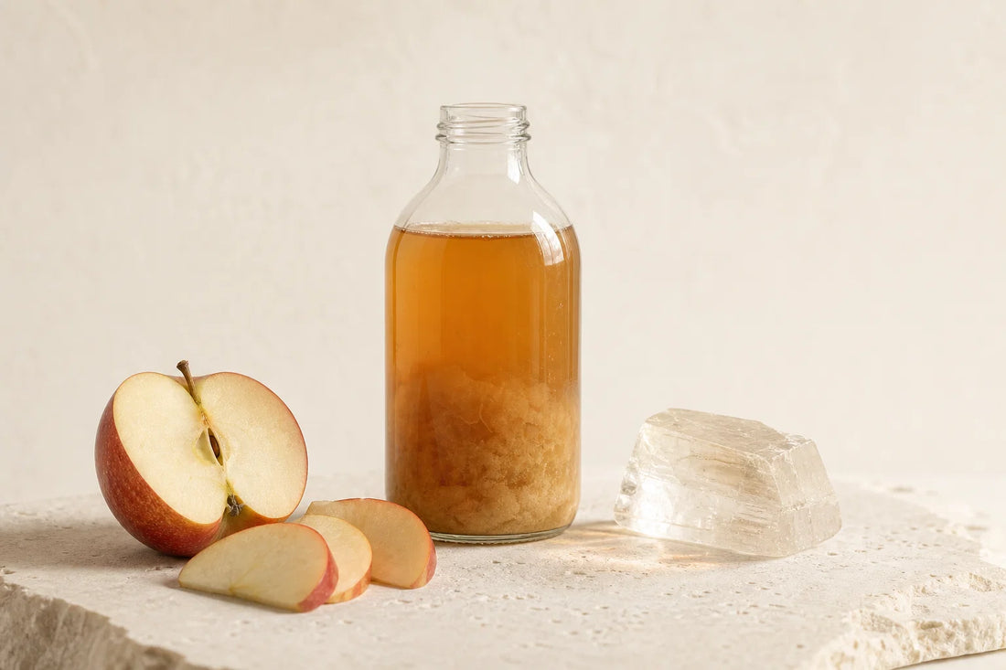 Glass bottle of raw apple cider vinegar with sediment, unbranded, on a plain background