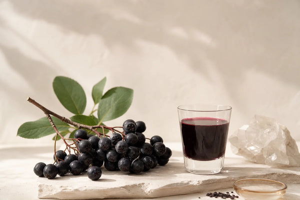 Dark purple Aronia (chokeberry) fruit clusters on the branch beside a glass of berry juice