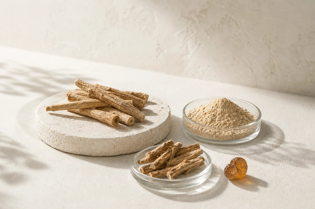 Dried Withania somnifera root pieces used to produce standardized ashwagandha extracts