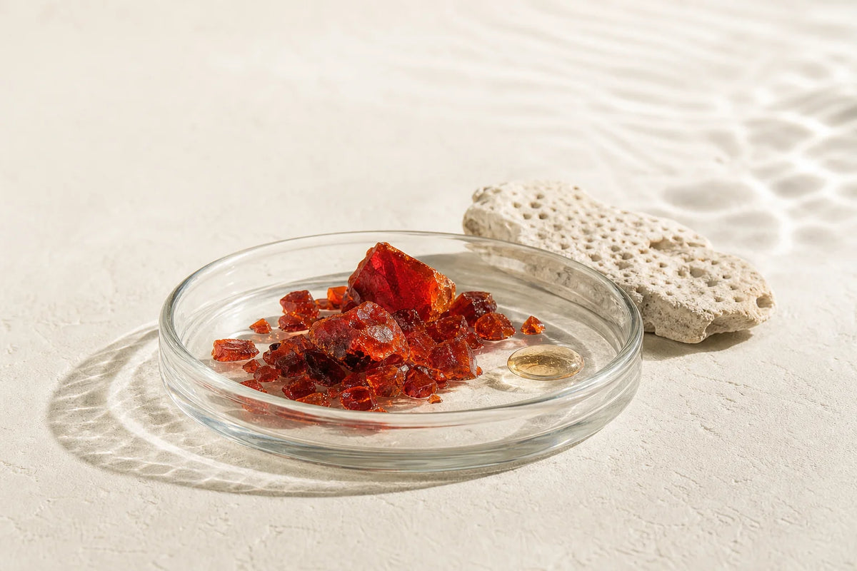 Magnified view of reddish-orange astaxanthin pigment from microalgae, representing the raw carotenoid compound