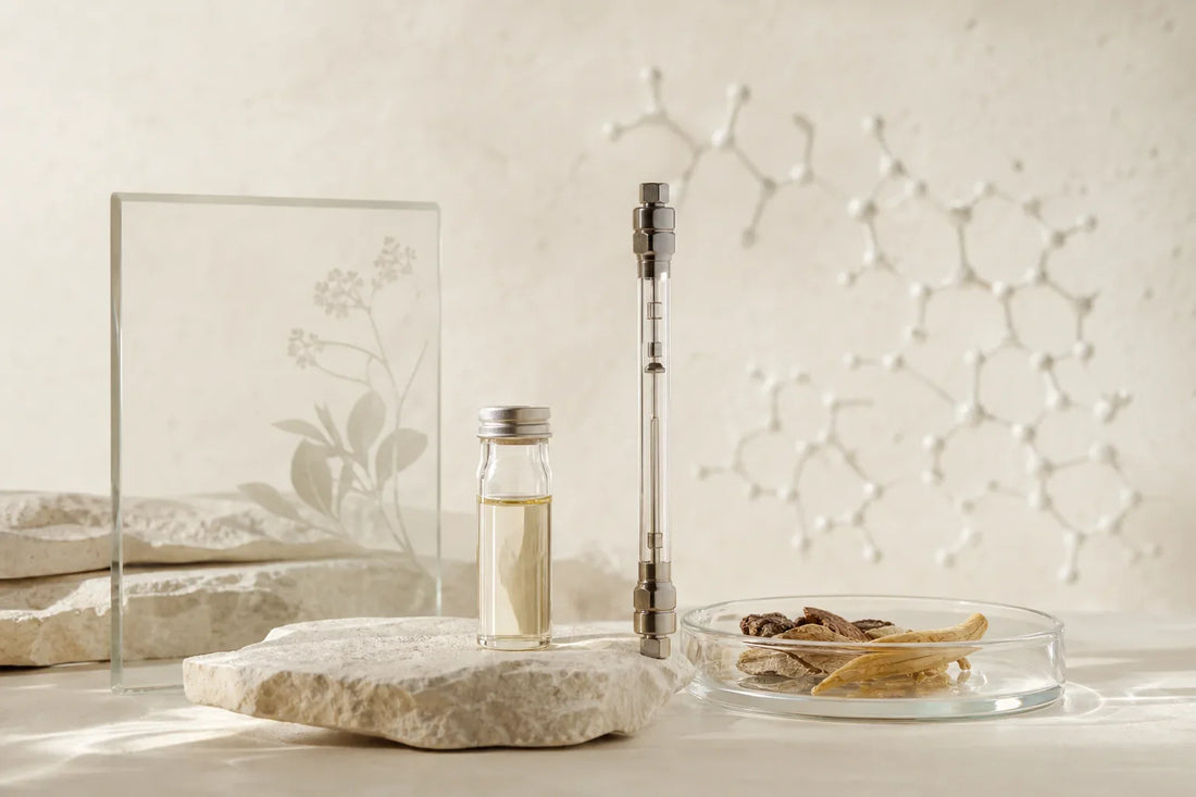 Laboratory glassware and chromatography equipment representing botanical extract chemical analysis