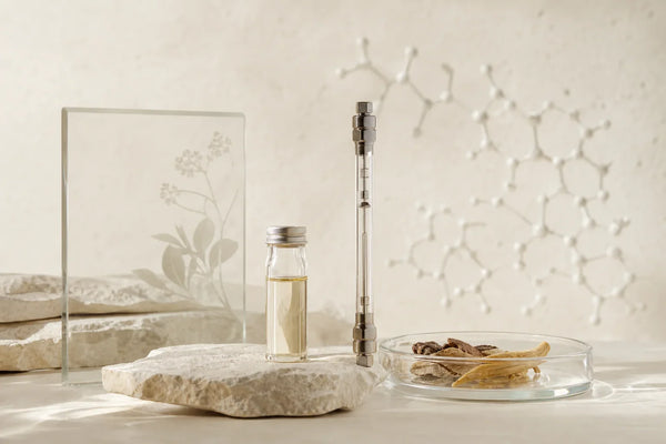 Laboratory glassware and chromatography equipment representing botanical extract chemical analysis