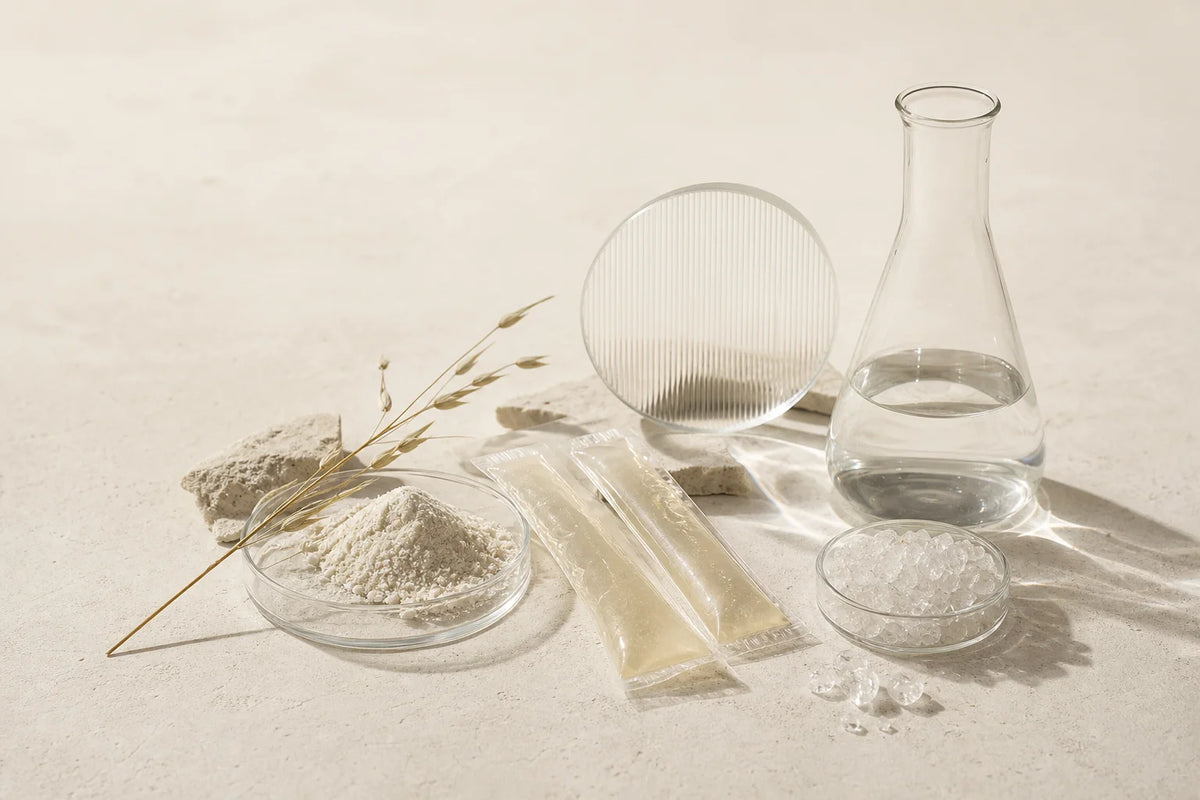 Abstract arrangement of carbohydrate gel and electrolyte research materials representing sports-nutrition study components