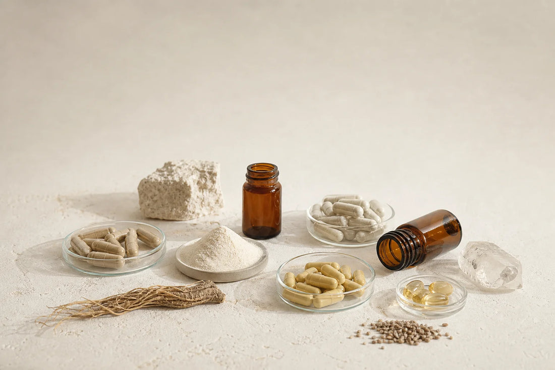 Rows of dietary supplement capsules and bottles representing varied enforcement record types