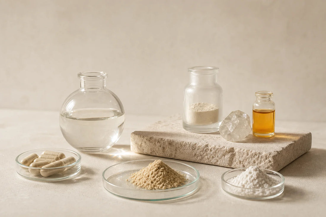 Rows of dietary supplement capsules and powders representing varied recalled product formats