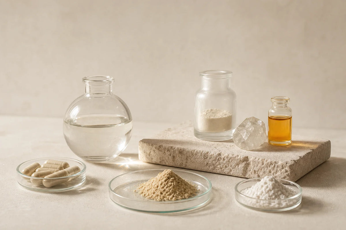 Rows of dietary supplement capsules and powders representing varied recalled product formats