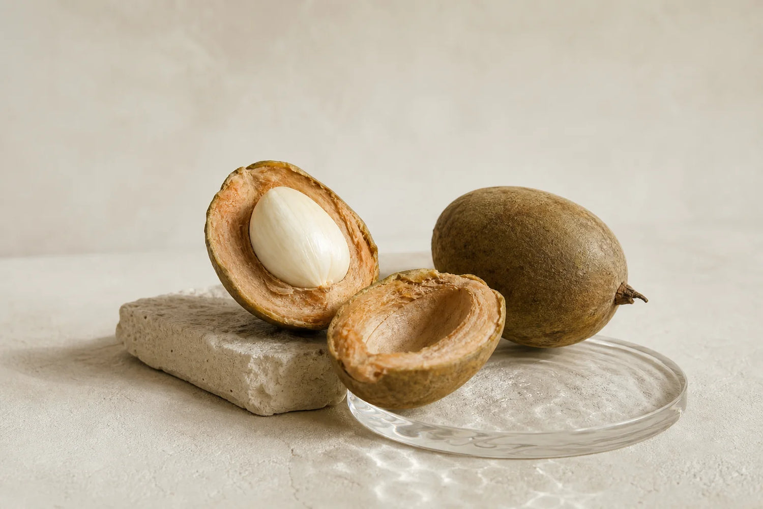 Whole and cross-sectioned African mango (Irvingia gabonensis) seed and fruit on a plain surface