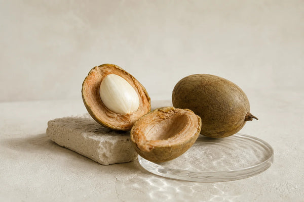 Whole and cross-sectioned African mango (Irvingia gabonensis) seed and fruit on a plain surface