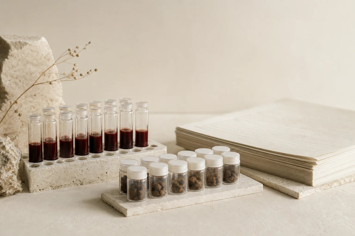 Laboratory sample vials and paper questionnaires representing clinical trial data collection methods