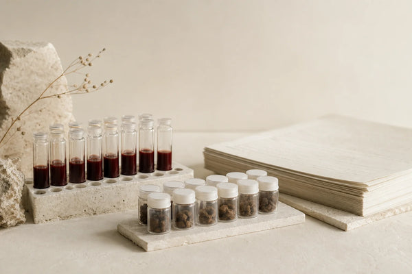 Laboratory sample vials and paper questionnaires representing clinical trial data collection methods