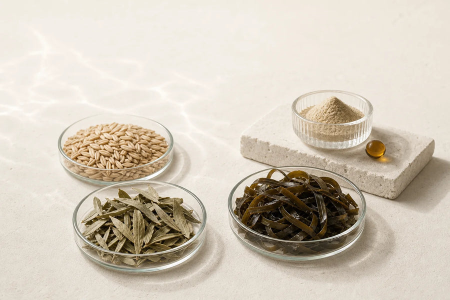 Raw oats, olive leaves, and macroalgae arranged as food-derived research substrates for scientific study