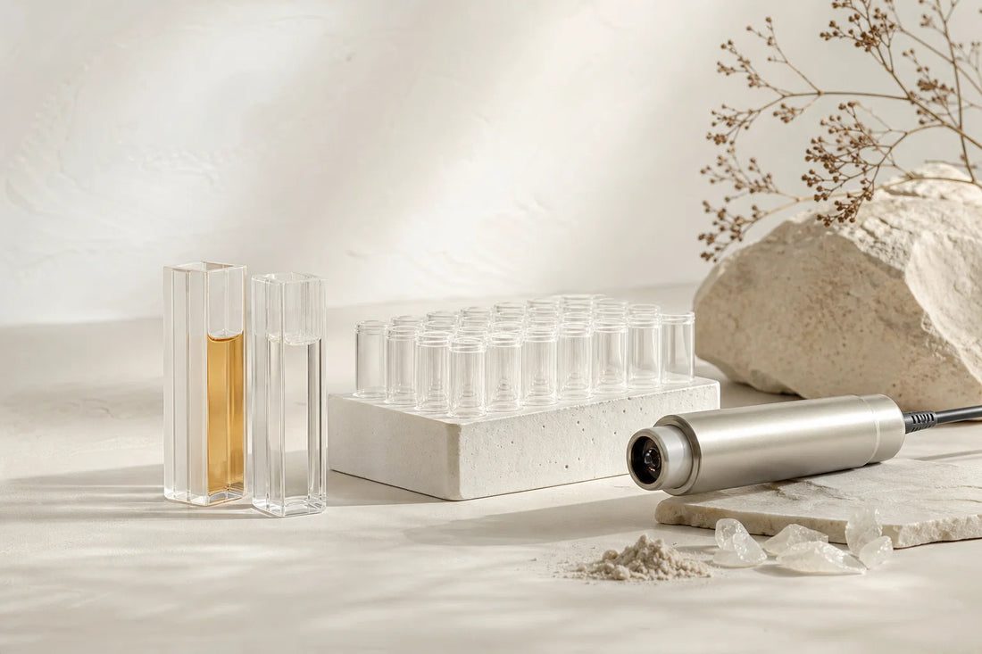 Laboratory glassware and spectrometry equipment representing biomarker analysis in nutrition research