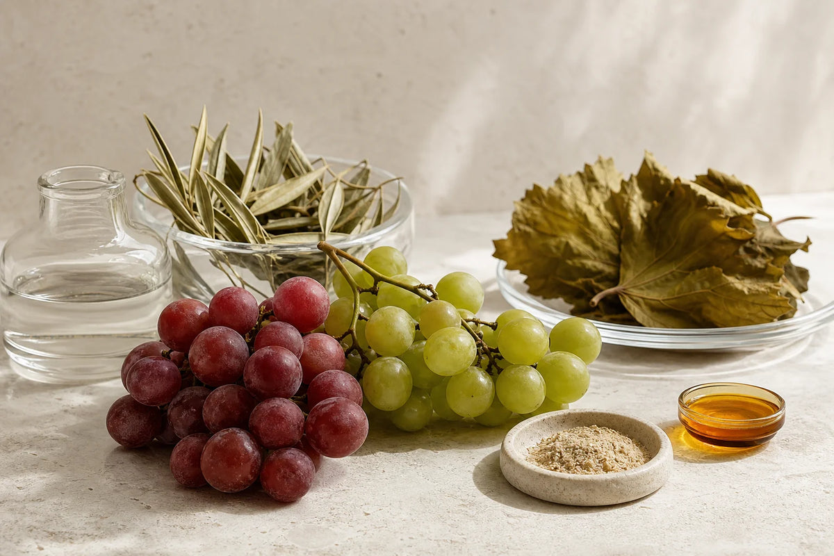 Whole grape clusters alongside dried plant leaves representing whole-food matrix research