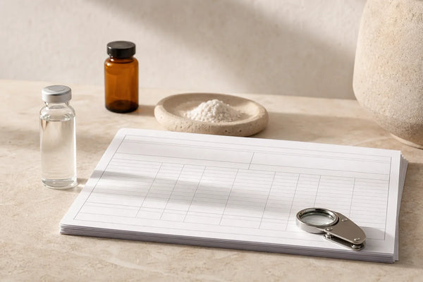 A batch sample, blank analysis document and loupe arranged for a sourcing review
