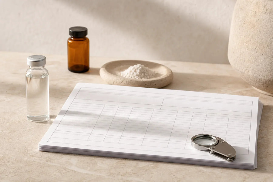 A batch sample, blank analysis document and loupe arranged for a sourcing review