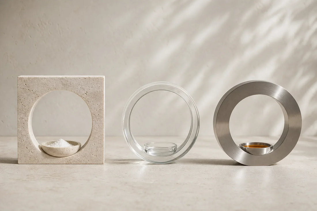 Three distinct abstract quality checkpoints in stone, glass and brushed metal