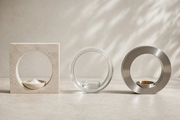 Three distinct abstract quality checkpoints in stone, glass and brushed metal