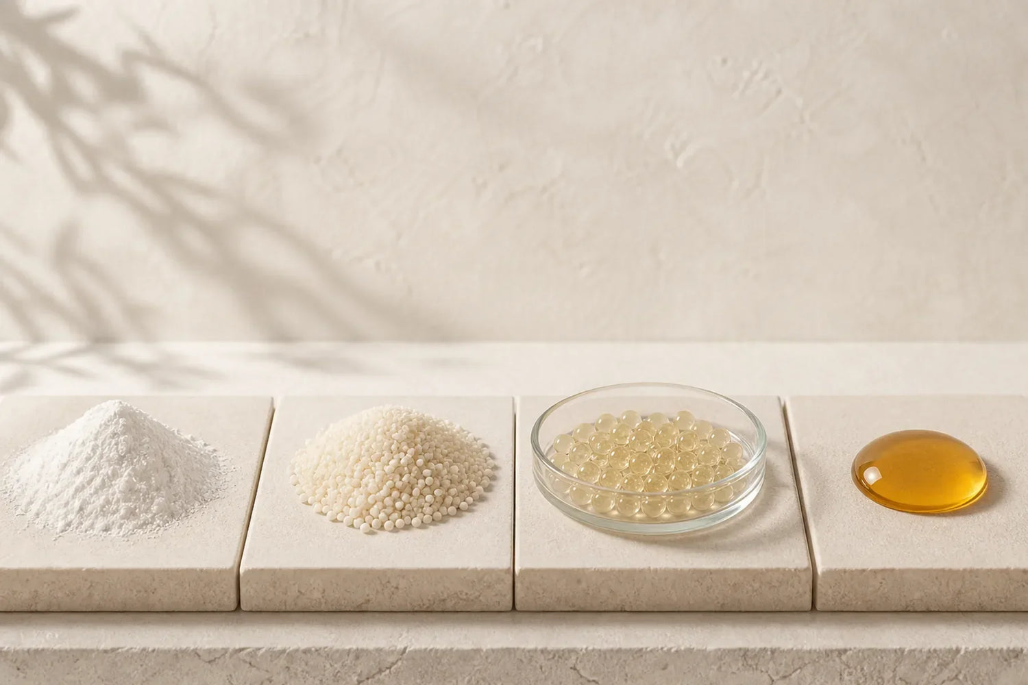 Powder, granules, encapsulated spheres and an amber liquid studied as four raw-material forms