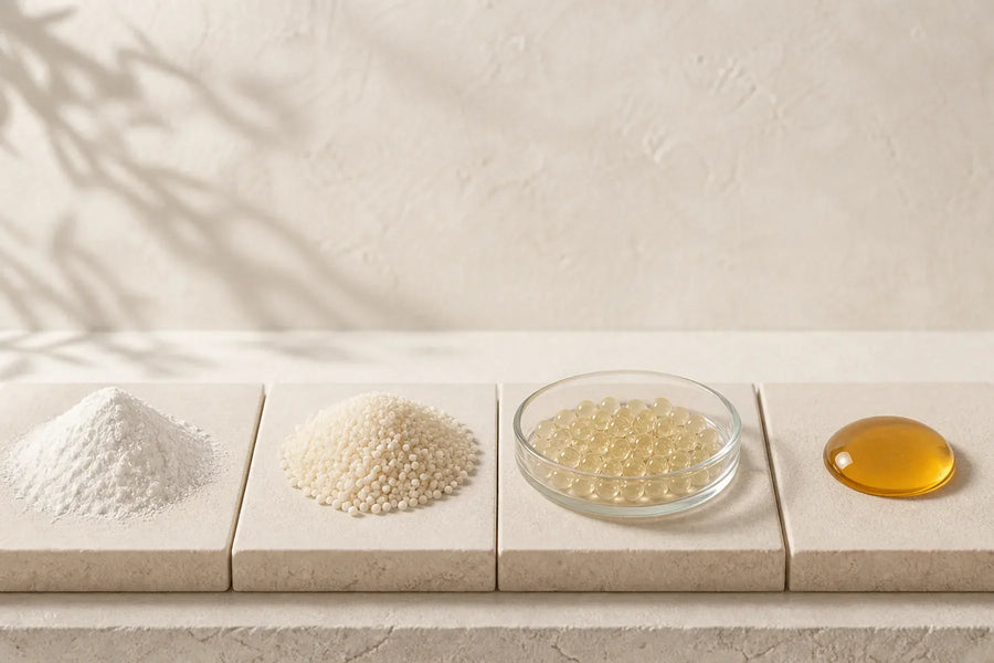Powder, granules, encapsulated spheres and an amber liquid studied as four raw-material forms
