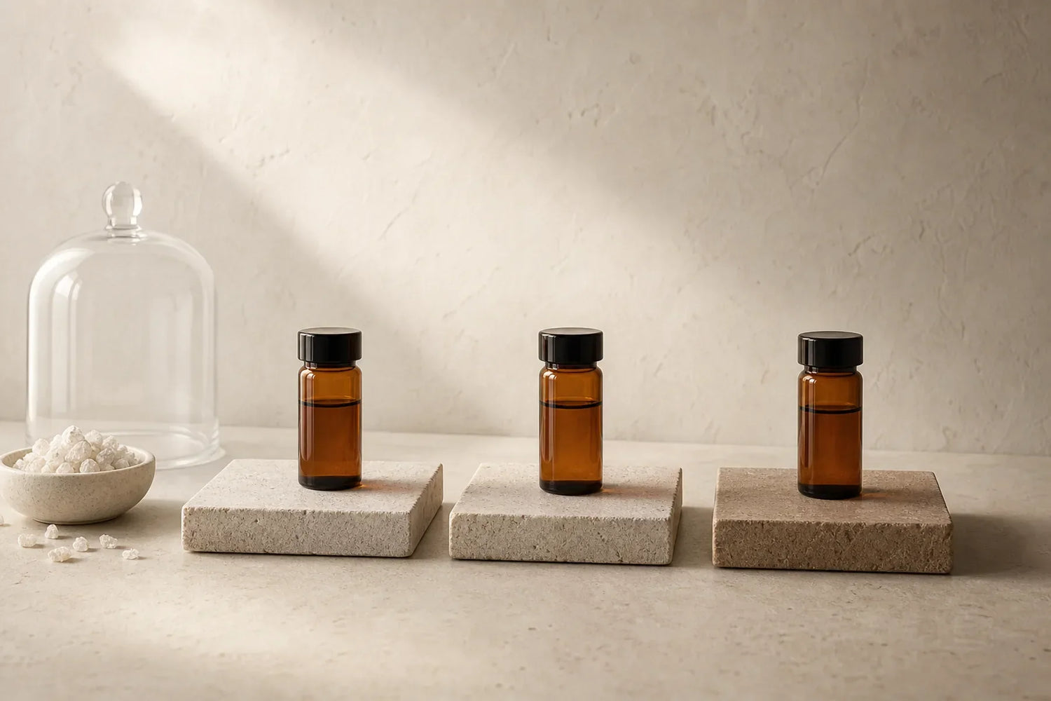 Three identical amber samples observed across an unnumbered laboratory stability sequence