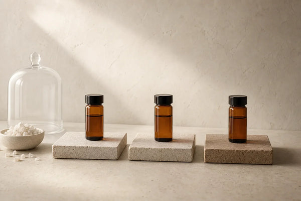 Three identical amber samples observed across an unnumbered laboratory stability sequence