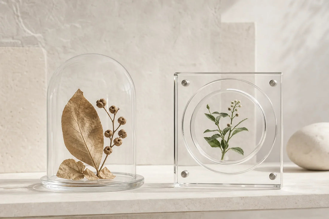 A raw botanical specimen and a separately framed verified plant study on an ivory surface