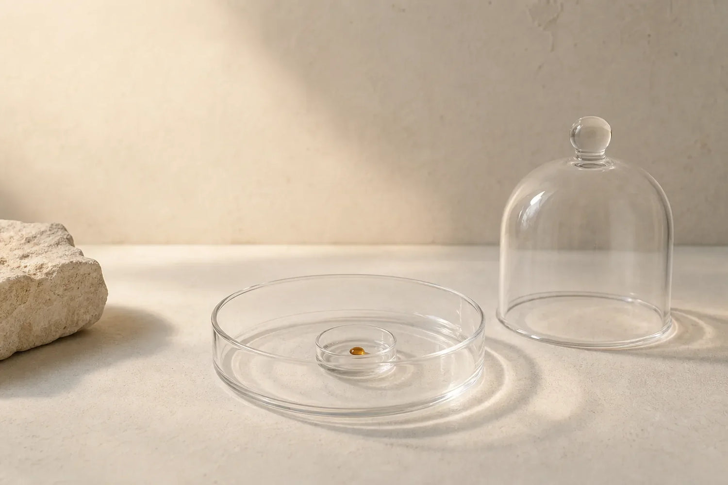 A tiny amber droplet contained within nested glass dishes beside a protective cloche