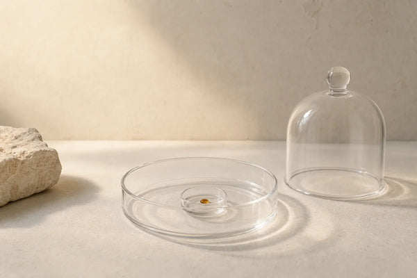 A tiny amber droplet contained within nested glass dishes beside a protective cloche