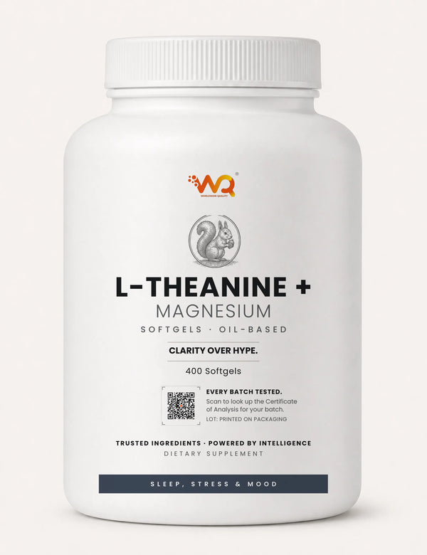 L-Theanine + Magnesium Softgels — 200 mg per serving, 400 softgels (200 servings)